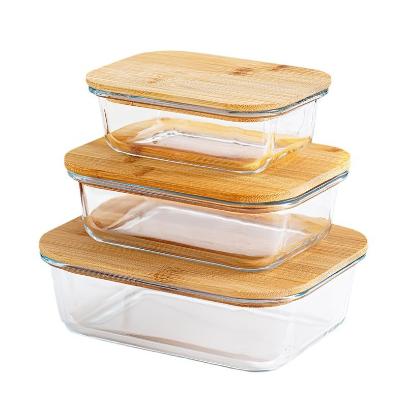 Eco-friendly glass containers with bamboo lids—microwave & fridge safe.